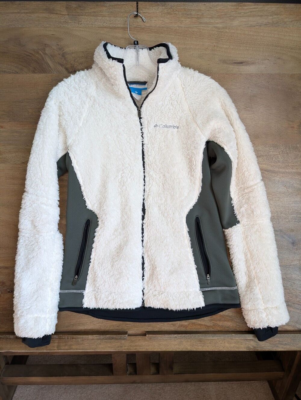 Columbia Jacket Womens Small White Gray Soft Fuzzy Fleece Long Sleeve Full Zip